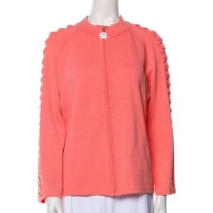 St. John Sport Cardigan Coral Zip-Up Sweater with Braided Sleeves - Sz. Large